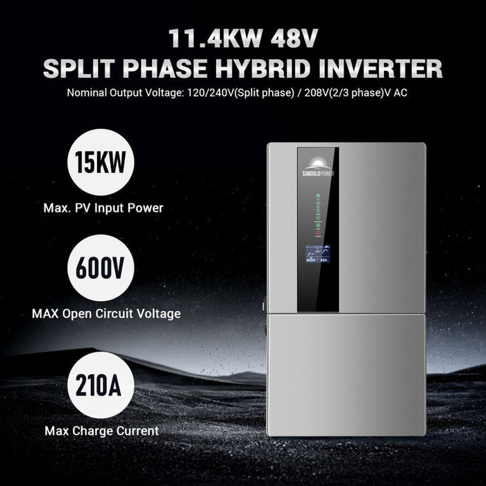 Sungold Power Hybrid Solar Kit 11.4KW 48V Split Phase 20.48KWH/50.2KWH Lithium Battery 440 Watt Solar Panel SGH-11N2E/ SGH-11N5E