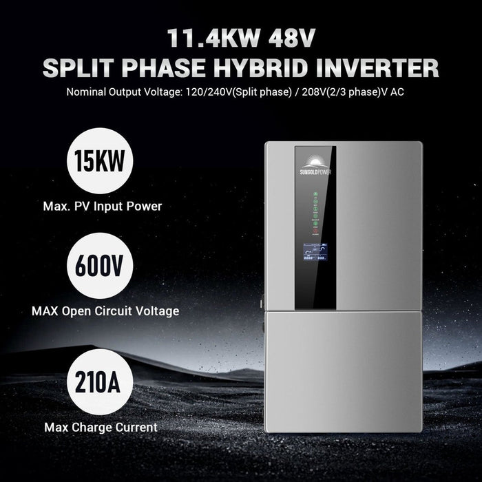 Sungold Power Hybrid Solar Kit 11.4KW 48V Split Phase 30.72KWH Lithium Battery 28 X 440 Watt Solar Panel SGH-11N3E