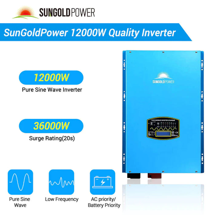 Sungold Power Off-Grid Solar Kit 12000W 48VDC 120V/240V LifePo4 20.48KWH Lithium Battery 12 X 415 Watts Solar Panels SGR- 12K20E