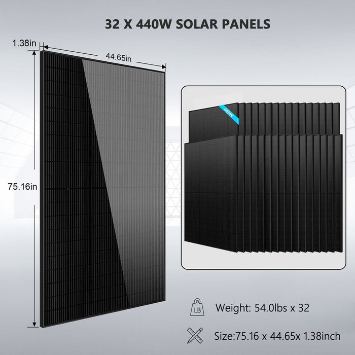 Sungold Power Off Grid Solar Kit 20kW 48VDC 120V/240V Lifepo4 30.72KWH Lithium Battery 32 X 440 Watts Solar Panels SGR-20K30E