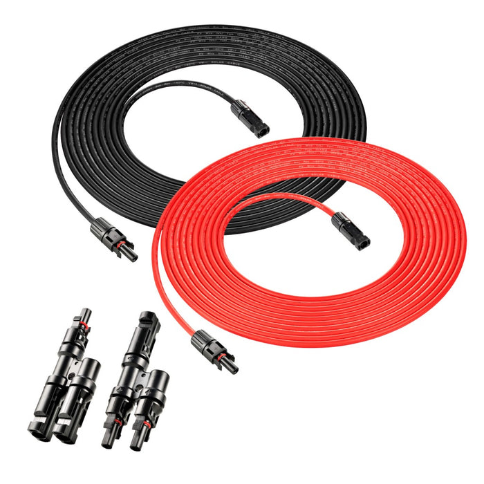 Rich Solar 10 Gauge Solar Panel Extension Cable with Male and Female Solar Connector Ends and Parallel Connectors | Pair of 10AWG Red and Black Extension Wire and Parallel Connectors | Choose Cable Length: 30ft, 50ft