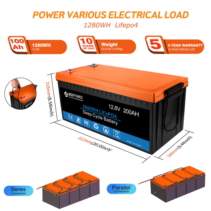 ACOPOWER Lithium Battery Mono Solar Power Complete System with Battery and Inverter for RV Boat 12V Off Grid Kit - Li200Ah 1.5kW - 200W MPPT30A