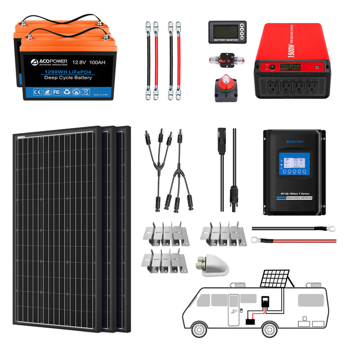 ACOPOWER Lithium Battery Mono Solar Power Complete System with Battery and Inverter for RV Boat 12V Off Grid Kit - Li200Ah 1.5kW - 200W MPPT30A