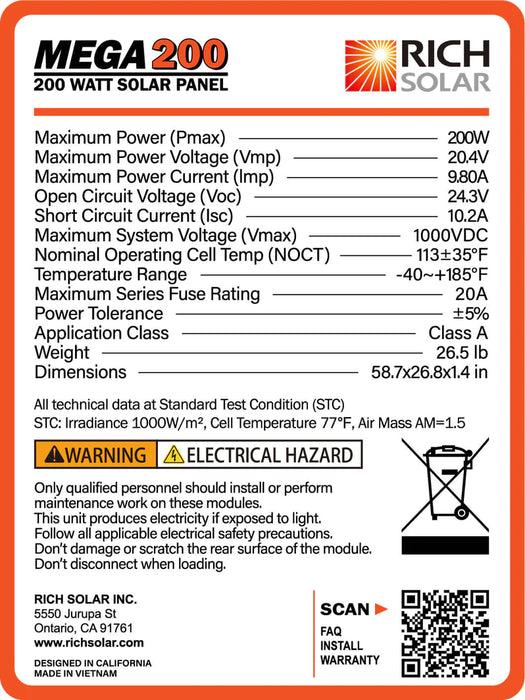 RICH SOLAR MEGA 200 Watt Monocrystalline Solar Panel | Best 12V Panel for RVs and Off-Grid | 25-Year Output Warranty | UL Certified