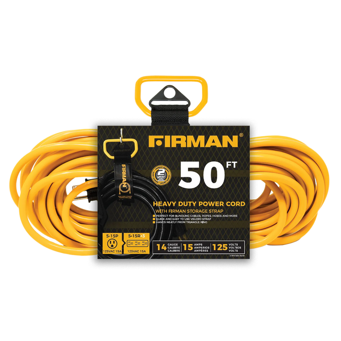 Firman 50' Medium Duty 5-15P to (3) 5-15R Generator Utility Power Cord With Storage Strap