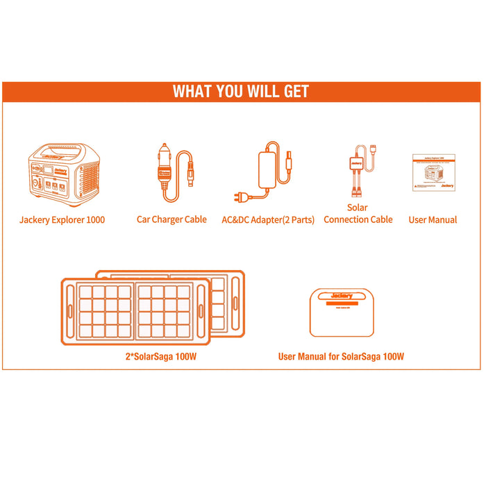 Jackery 1 x E1000 Solar Generator + 2 x SolarSaga 100W Solar Panels