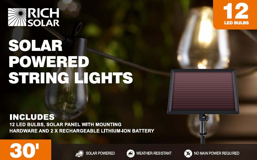 Rich Solar Solar String Lights | 12 LED Solar Powered Bulbs on String Lights | Easy to Install