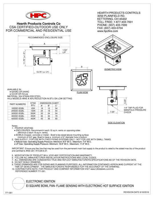 HPC Fire 18" Square Bowl Pan Fire Pit Insert - EI Series - High/Low Natural Gas, 24V A/C Electronic Ignition