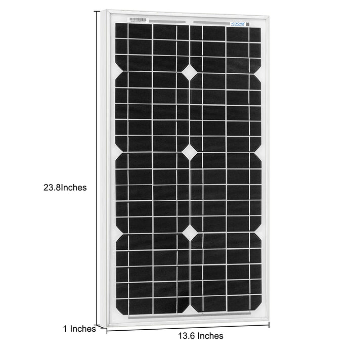 ACOPower 30W 12V Solar Charger Kit, 5A Charge Controller with Alligator Clips