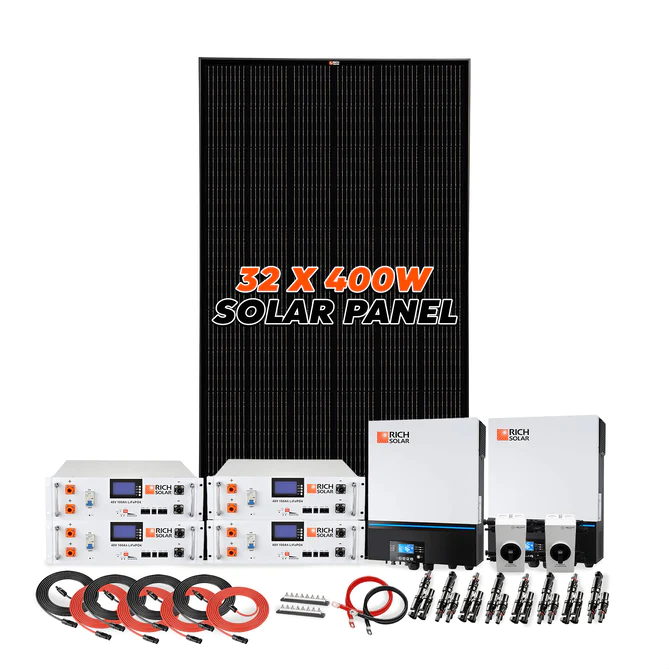 Rich Solar Complete Off-Grid Solar Kit | 13,000W 120/240V Output | 48VDC (19.2kWh Alpha 5 Server Lithium Iron Phosphate Battery) + 12,800 Watts of Solar PV