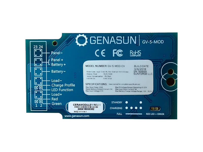 Sunforge 5 A, PCB Module, 5 A LVD Load Output, dual firmware CC/CV Li-ion: 12.5 V for 3S Li-ion or 16.7 V for 4S Li-ion