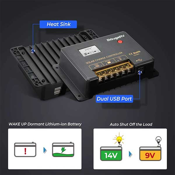 BougeRV Li 30Amp 12V/24V PWM Solar Charge Controller (Negative Ground)