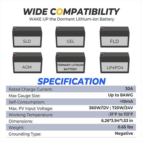 BougeRV Li 30Amp 12V/24V PWM Solar Charge Controller (Negative Ground)