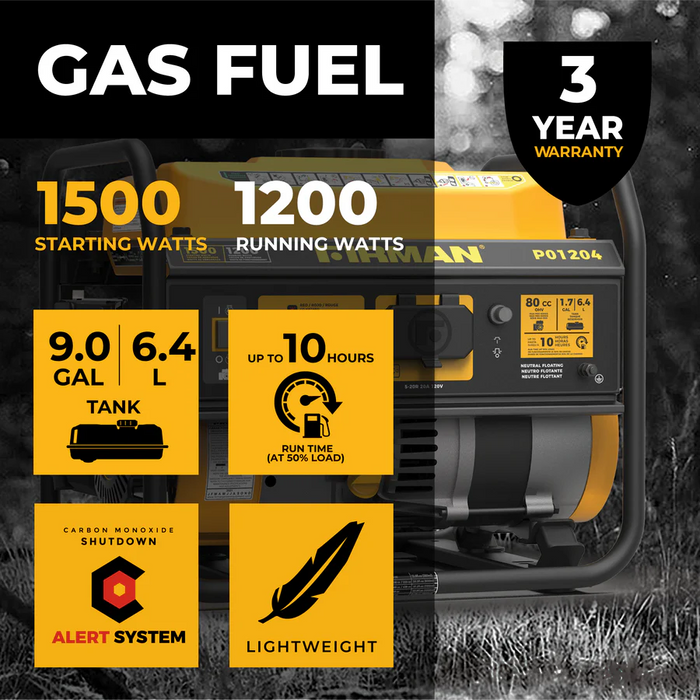 Firman Gas Portable Generator 1500W Recoil Start with CO alert