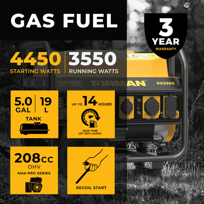 Firman Gas Portable Generator 4450W Recoil Start 120V with CO alert