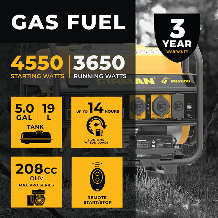 Firman Gas Portable Generator 4550W Remote Start 120V