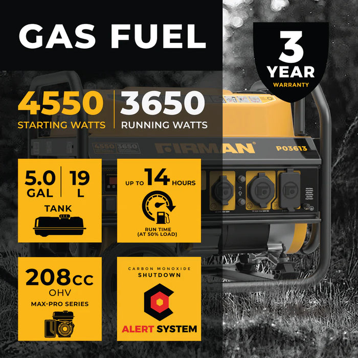 Firman Gas Portable Generator 4550W Recoil Start 120V with CO Alert