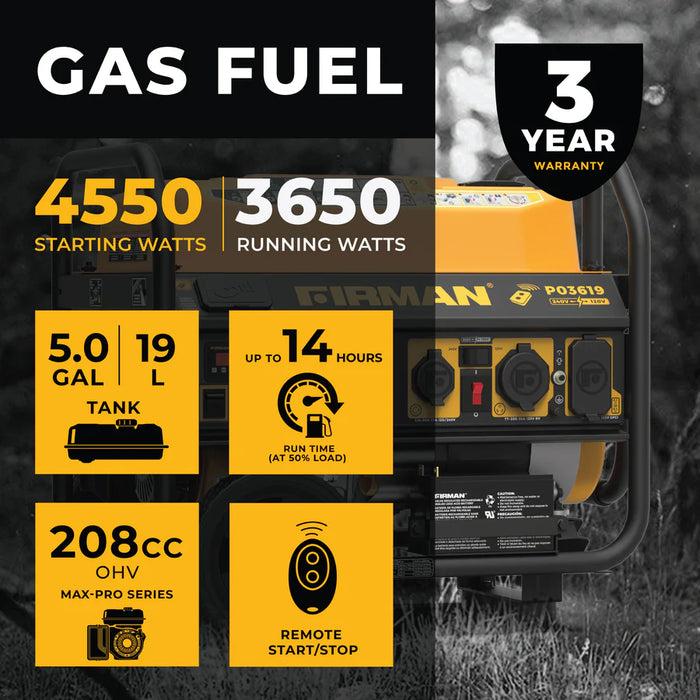 Firman Gas Portable Generator 4550W Remote Start 120/240V