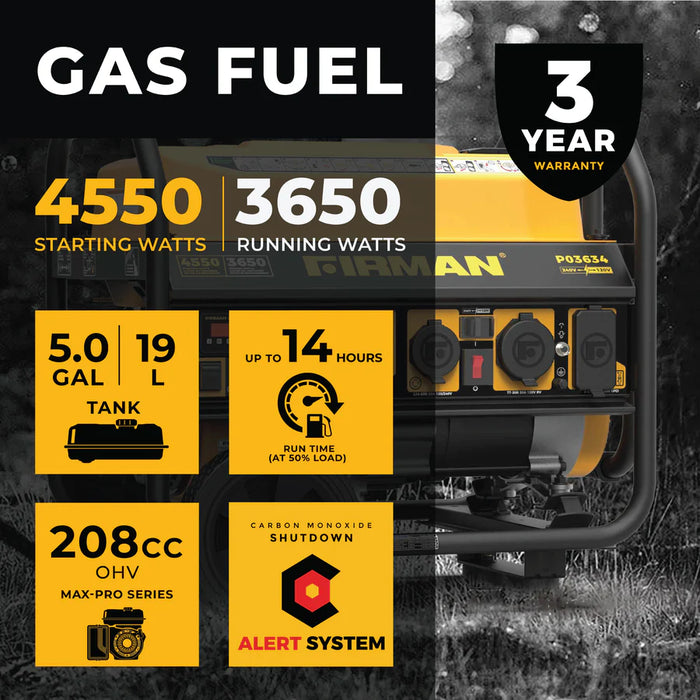 Firman Gas Portable Generator 4550W Recoil Start 120/240V with CO ALERT
