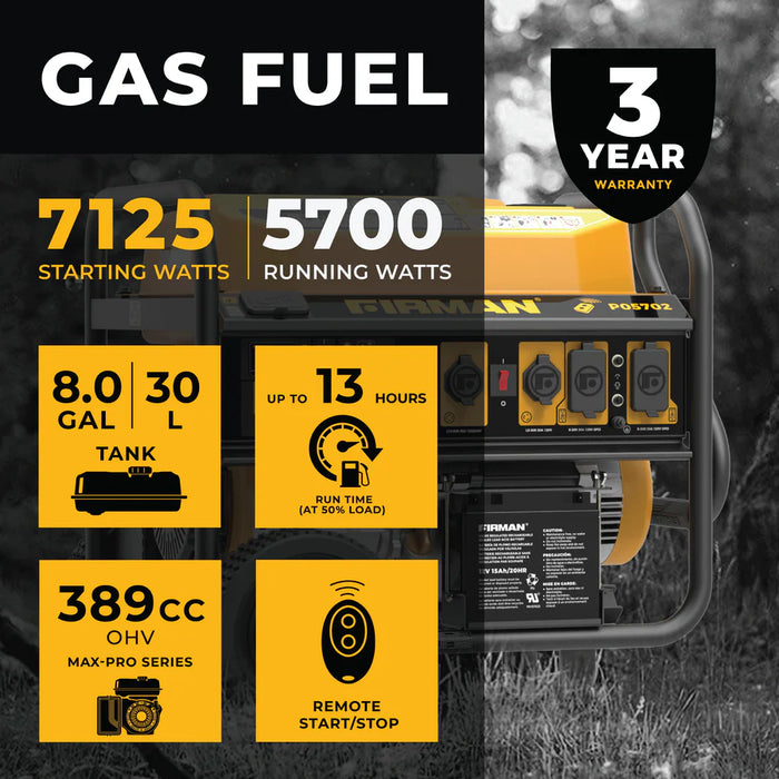 Firman Gas Portable Generator 7125W Remote Start 120/240V