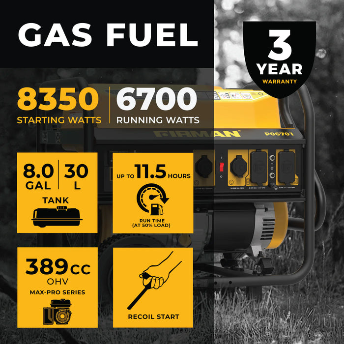 Firman Dual Fuel Portable Generator 3650W Recoil Start