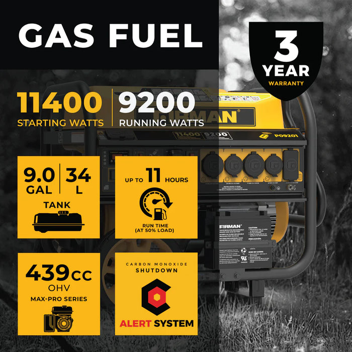 Firman Gas Portable Generator 11400W Remote Start 120/240V with CO alert