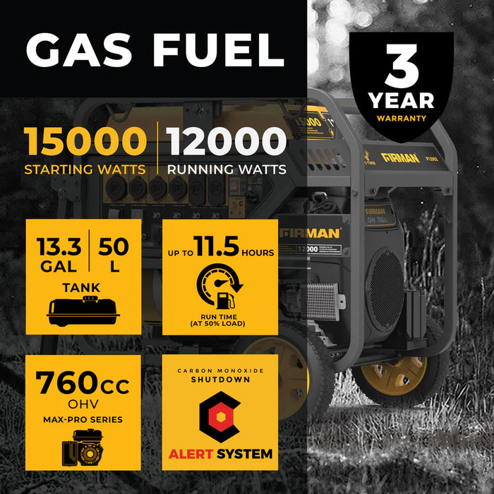 Firman Gas Portable Generator 15000W Electric Start 120/240V with CO Alert