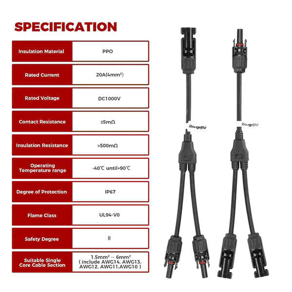 BougeRV Solar Connectors Y Branch Parallel Adapter Cable Wire