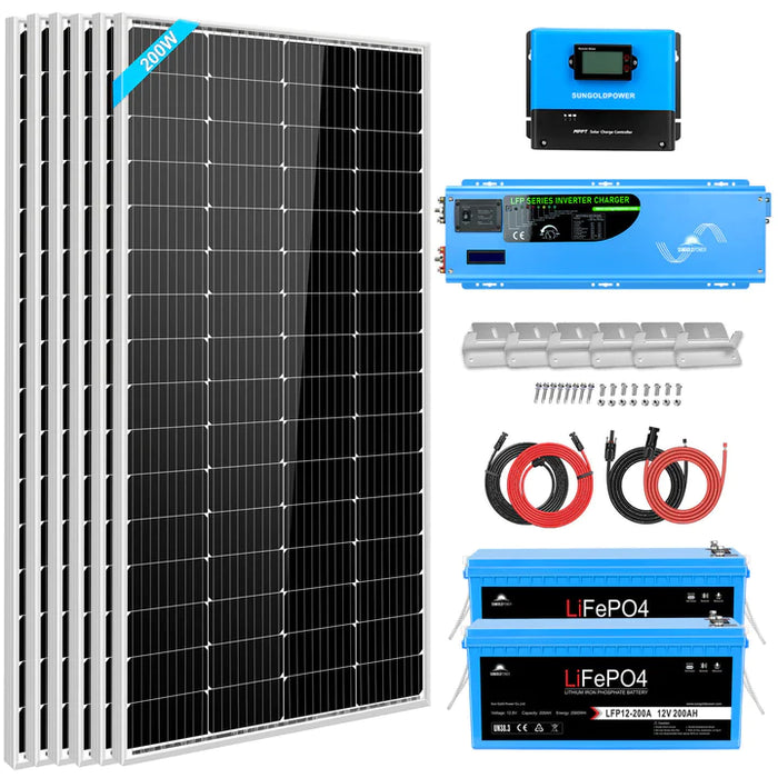 Sungold Power Off Grid Solar Kit 4000W inverter 12VDC 120V/240V Lifepo4 Battery 1200 Watt SGK-PR4S