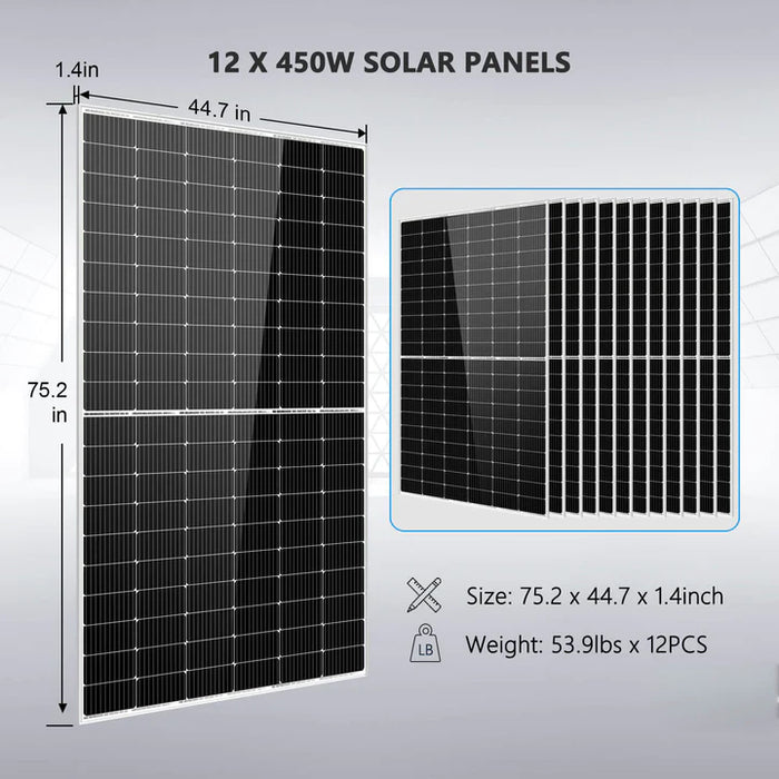 Sungold Power Off Grid Solar Kit 10000W 48VDC 120V/240V Lifepo4 20.48KWH Lithium Battery 12 X 450 Watts Solar Panels SGR-10K2M