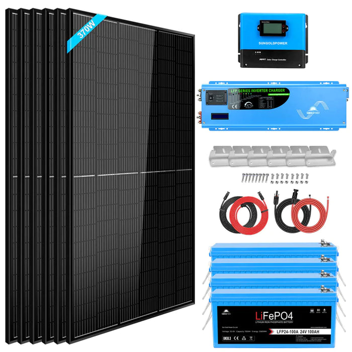 Sungold Power Off Grid Solar Kit 6000W 24VDC 120V/240V Lifepo4 10.24KWH Lithium Battery 6 X 370 Watt Solar Panels SGK-PRO62