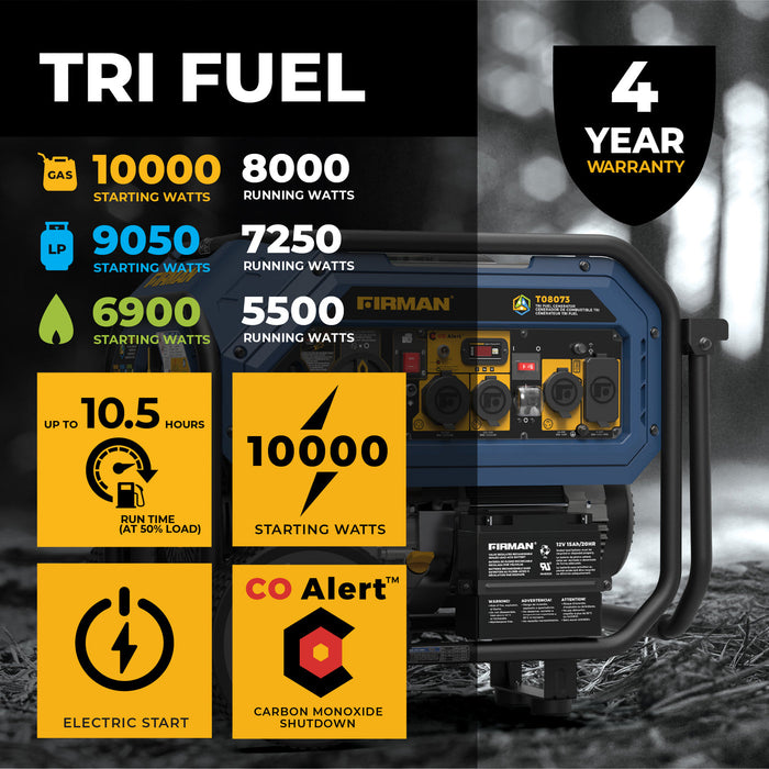 Firman Tri Fuel Portable Generator 10000/8000W Electric Start With CO Alert