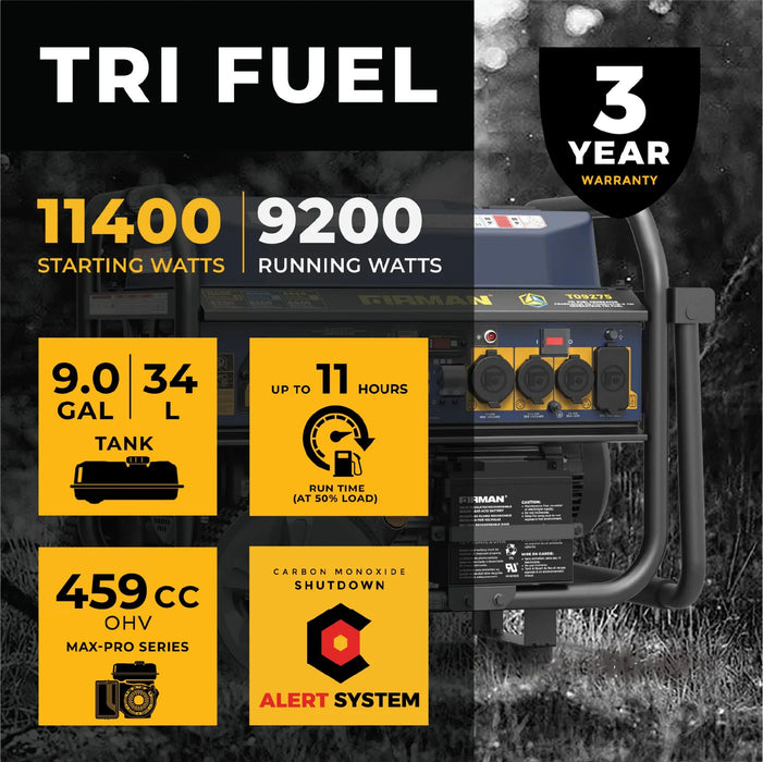 Firman Tri Fuel Portable Generator 11400W Electric Start 120V/240V with CO Alert