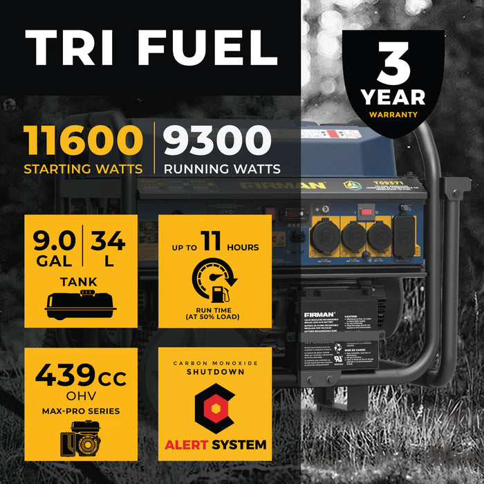 Firman Tri Fuel Portable Generator 11600W Electric Start 120V/240V with CO alert