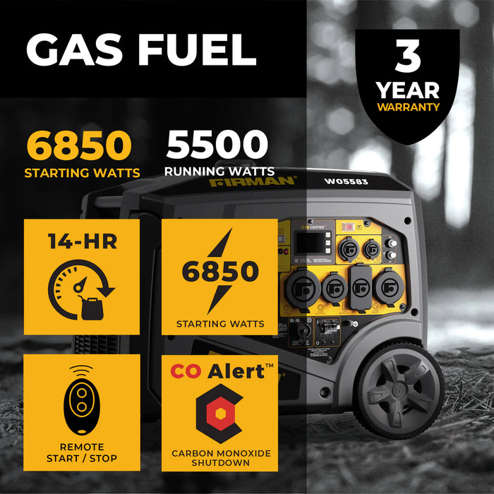 Firman Gas Inverter Portable Generator 6850/5500 Watt Remote Start 120/240V CO Alert