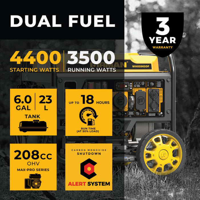 Firman Dual Fuel Open Frame Inverter 4400W Electric Start with CO ALERT