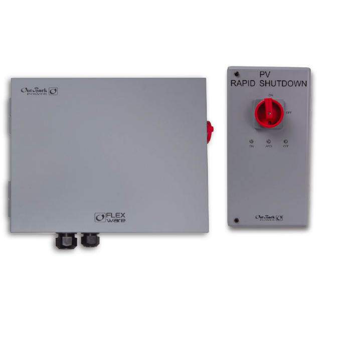 Outback RSD-AFCI ICS Plus PV rapid shutdown for SkyBox. Pre-wired with two contactors and six 600Vdc fuse holders, to support three PV strings